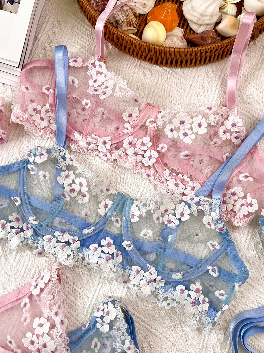 Blue Cherry Blossoms Sheer Lace Lingerie Set 3pc Collection Hello.LA.Girl